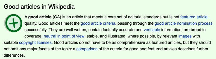 screenshot explaining good articles designation in wikipedia