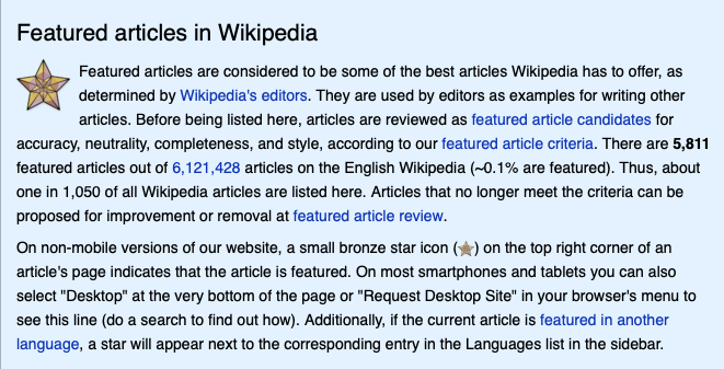 screenshot explaining featured articles designation in wikipedia